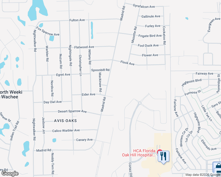 map of restaurants, bars, coffee shops, grocery stores, and more near 8124 Madrid Road in Spring Hill