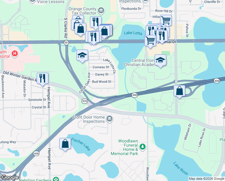 map of restaurants, bars, coffee shops, grocery stores, and more near 1626 Red Ruffle Court in Gotha
