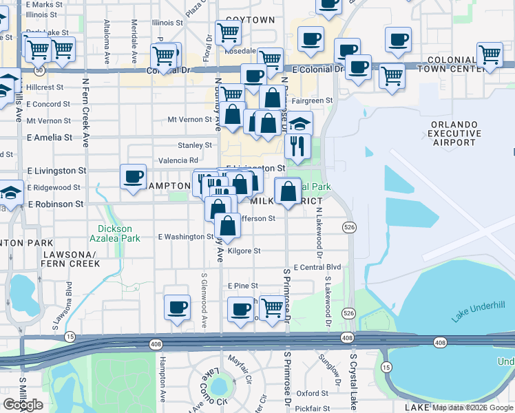 map of restaurants, bars, coffee shops, grocery stores, and more near 2606 East Jefferson Street in Orlando