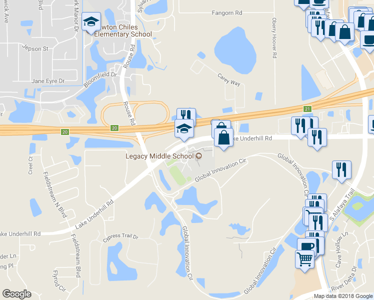 map of restaurants, bars, coffee shops, grocery stores, and more near 11398 Lake Underhill Road in Orlando