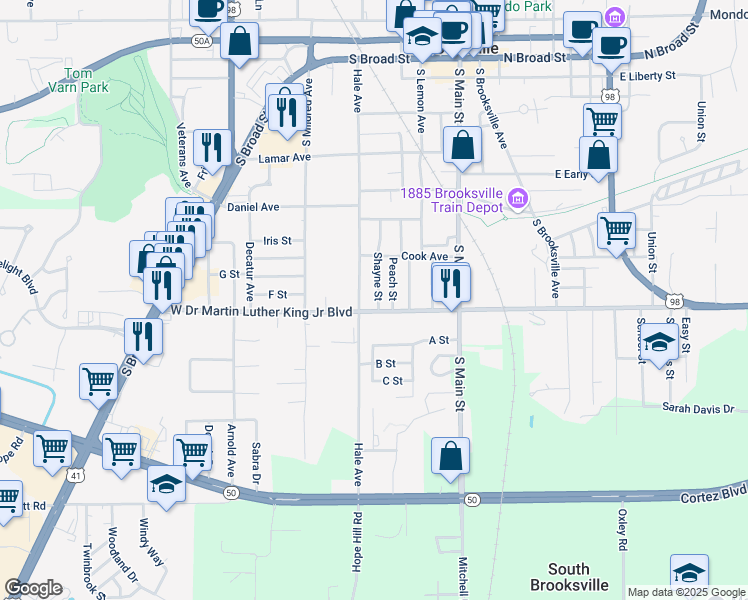 map of restaurants, bars, coffee shops, grocery stores, and more near 811 Hale Avenue in Brooksville