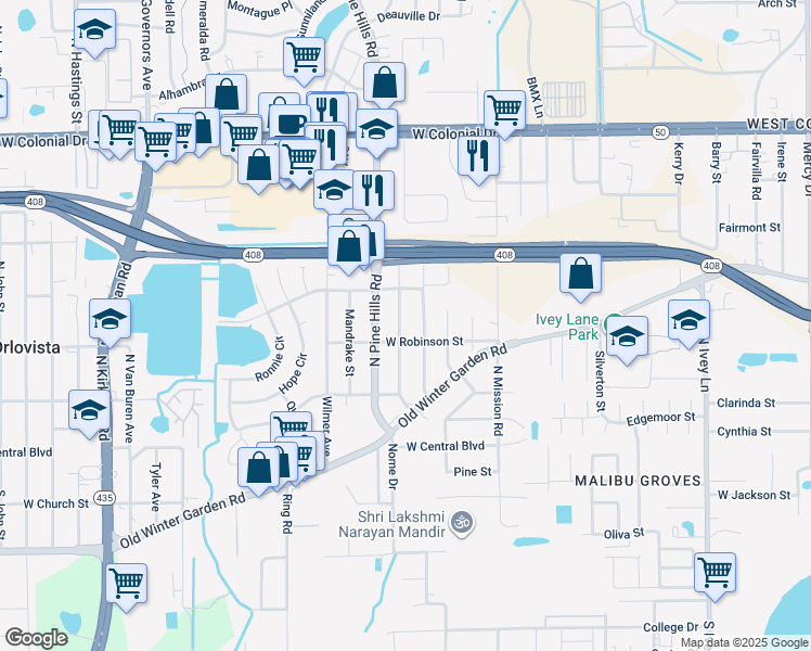 map of restaurants, bars, coffee shops, grocery stores, and more near 317 Pearlwood Street in Orlando