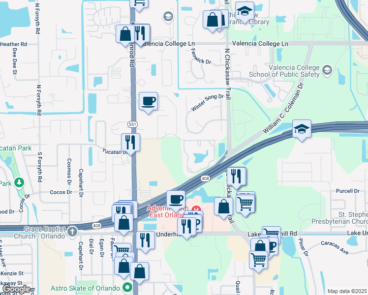 map of restaurants, bars, coffee shops, grocery stores, and more near 7904 Pine Crossing Circle in Orlando