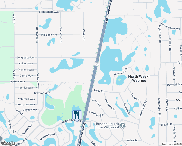 map of restaurants, bars, coffee shops, grocery stores, and more near 8285 Commercial Way in Weeki Wachee