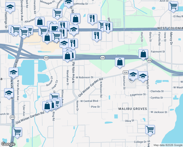 map of restaurants, bars, coffee shops, grocery stores, and more near 348 Goodland Street in Orlando