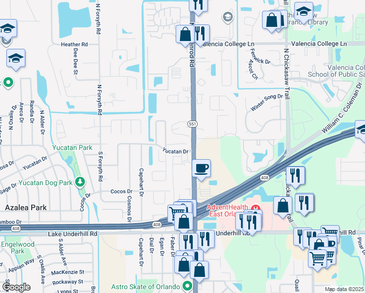 map of restaurants, bars, coffee shops, grocery stores, and more near 7045 Carna Court in Orlando
