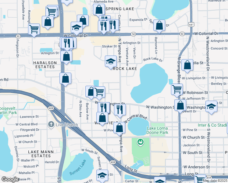 map of restaurants, bars, coffee shops, grocery stores, and more near 2016 West Livingston Street in Orlando