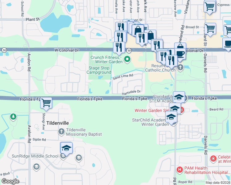 map of restaurants, bars, coffee shops, grocery stores, and more near 1317 Winter Green Way in Winter Garden