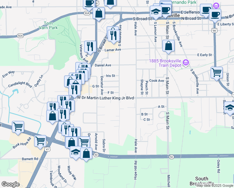 map of restaurants, bars, coffee shops, grocery stores, and more near 603 F Street in Brooksville