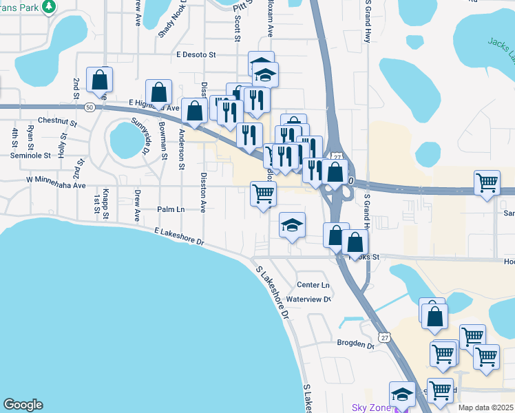 map of restaurants, bars, coffee shops, grocery stores, and more near 1650 Morning Drive in Clermont