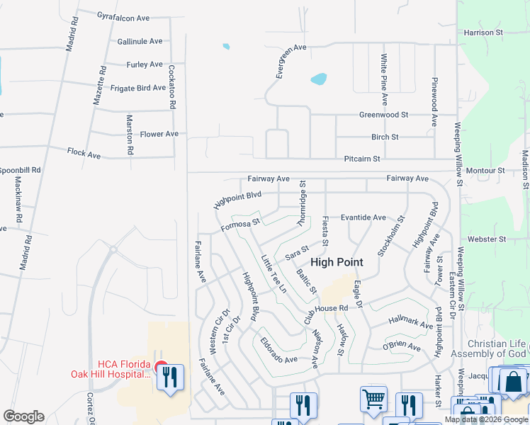 map of restaurants, bars, coffee shops, grocery stores, and more near 8288 Highpoint Boulevard in Brooksville