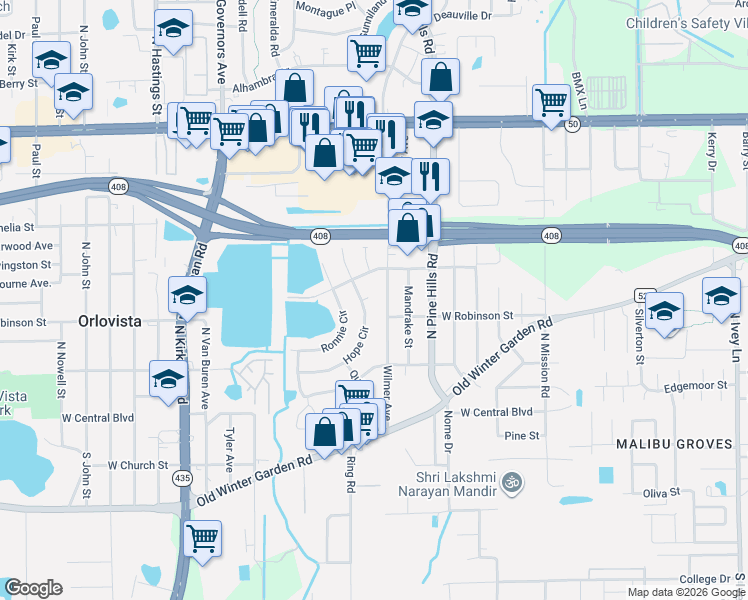 map of restaurants, bars, coffee shops, grocery stores, and more near 5108 West Livingston Street in Orlando