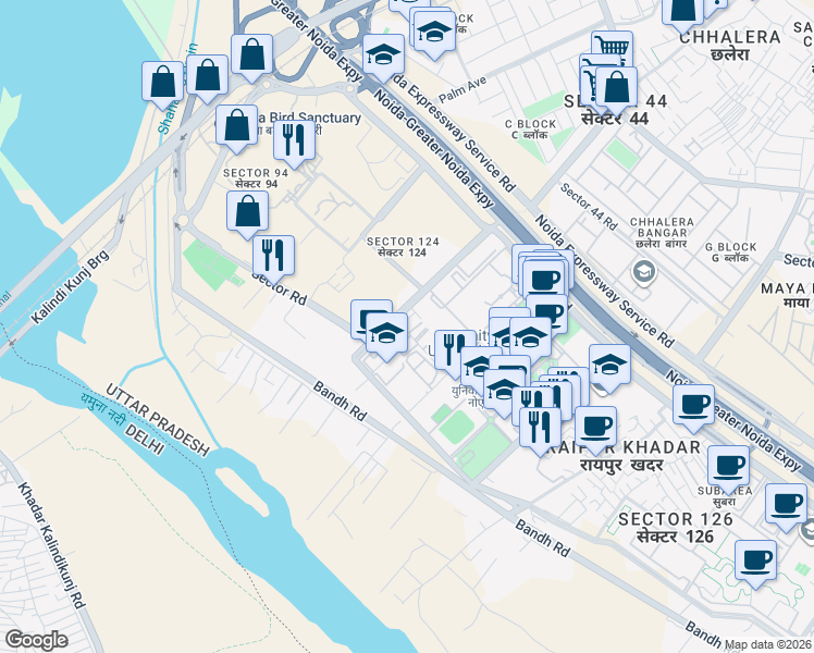 map of restaurants, bars, coffee shops, grocery stores, and more near Sector Road in Noida
