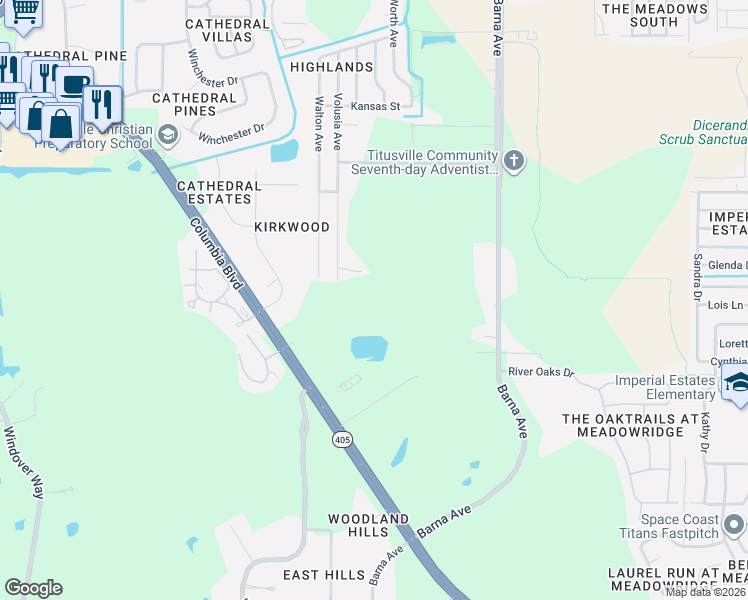 map of restaurants, bars, coffee shops, grocery stores, and more near 5199 Volusia Avenue in Titusville