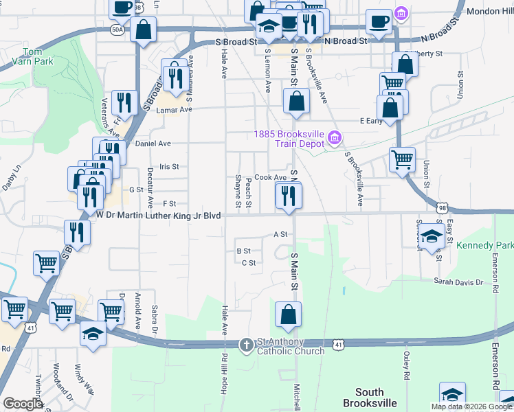 map of restaurants, bars, coffee shops, grocery stores, and more near 813 Peach Street in Brooksville