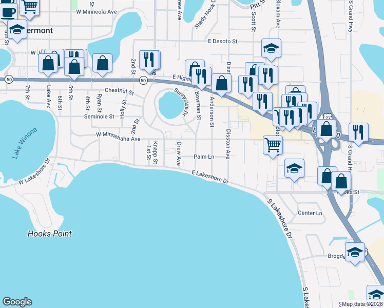 map of restaurants, bars, coffee shops, grocery stores, and more near 1676 Bowman Street in Clermont