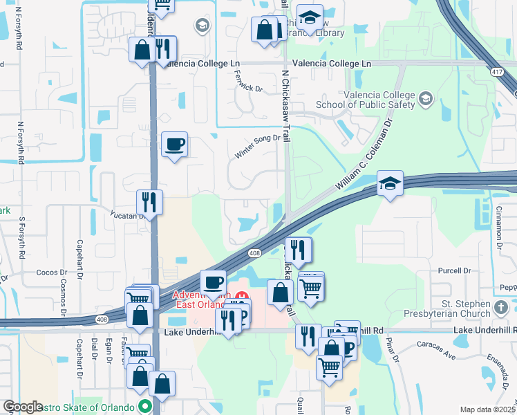 map of restaurants, bars, coffee shops, grocery stores, and more near 306 Blue Jacket Lane in Orlando