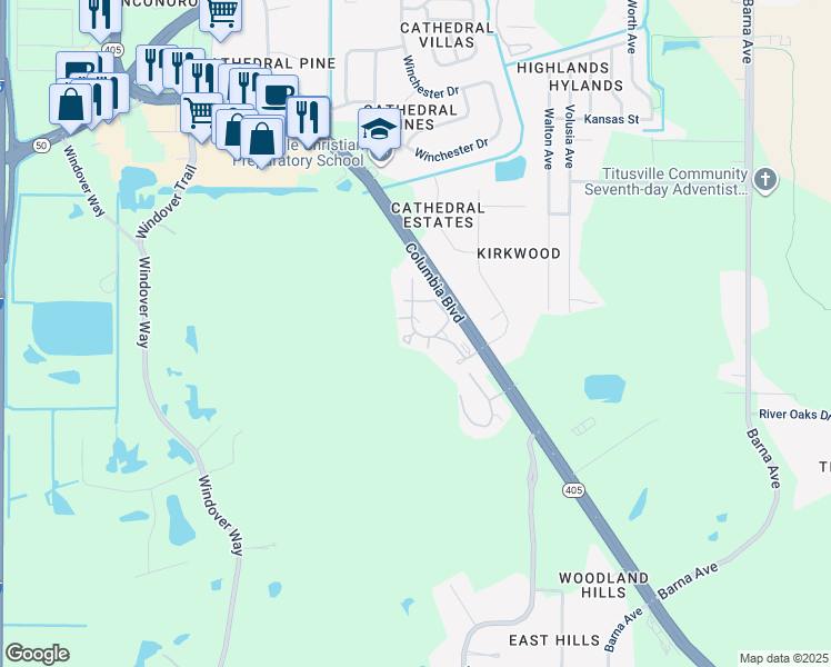 map of restaurants, bars, coffee shops, grocery stores, and more near 2 Ponds Lane in Titusville