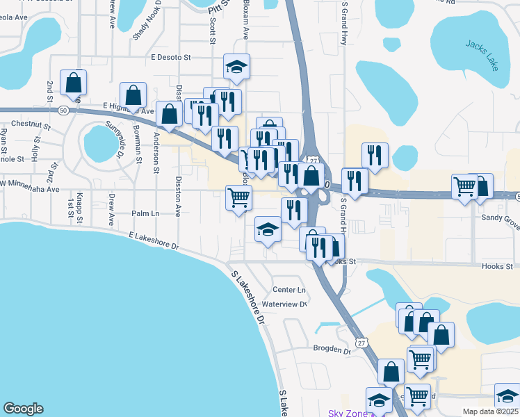map of restaurants, bars, coffee shops, grocery stores, and more near Pine Lane in Clermont