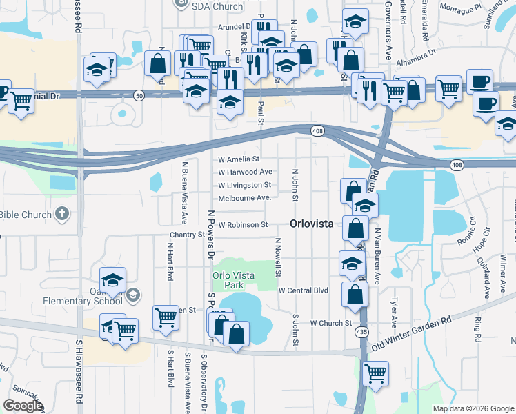 map of restaurants, bars, coffee shops, grocery stores, and more near 6039 Melbourne Avenue in Orlando