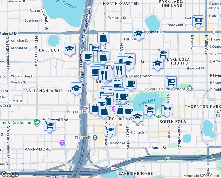 map of restaurants, bars, coffee shops, grocery stores, and more near 320 North Magnolia Avenue in Orlando