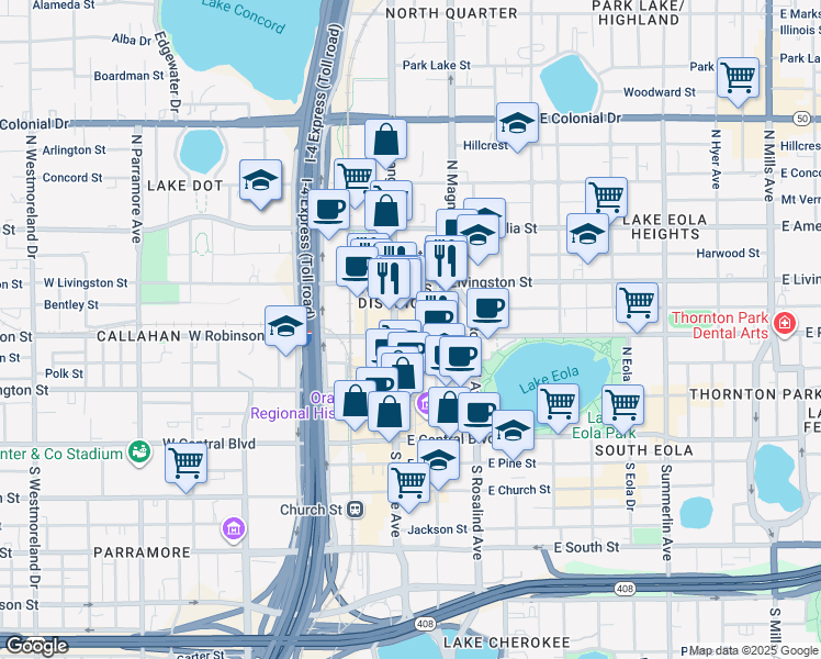 map of restaurants, bars, coffee shops, grocery stores, and more near 320 North Magnolia Avenue in Orlando
