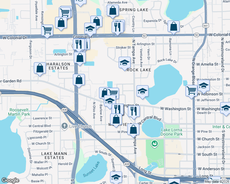 map of restaurants, bars, coffee shops, grocery stores, and more near 321 North Dollins Avenue in Orlando