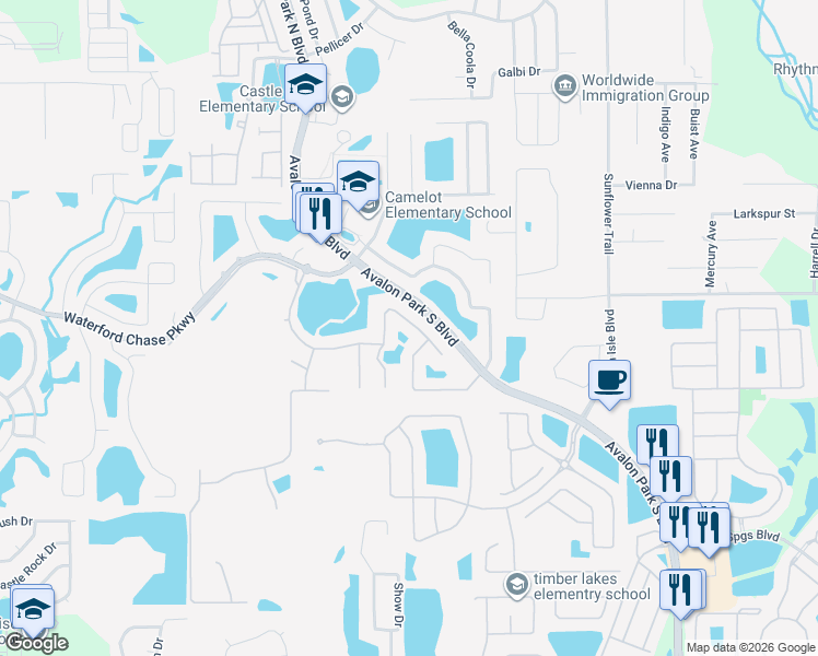 map of restaurants, bars, coffee shops, grocery stores, and more near 945 Horseshoe Falls Drive in Orlando
