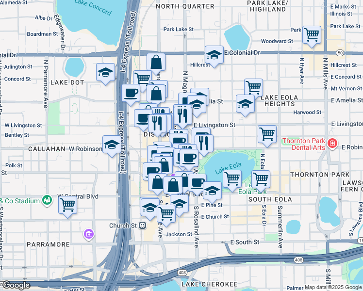 map of restaurants, bars, coffee shops, grocery stores, and more near 305 Palmetto Avenue in Orlando