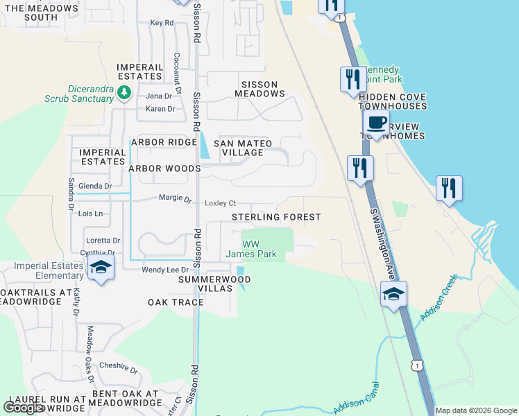 map of restaurants, bars, coffee shops, grocery stores, and more near 440 Loxley Court in Titusville
