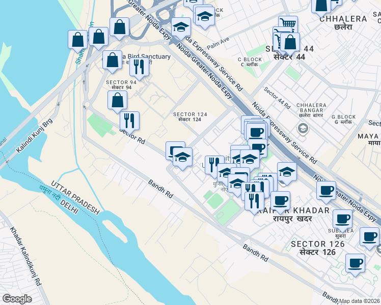 map of restaurants, bars, coffee shops, grocery stores, and more near Sector Road in Noida