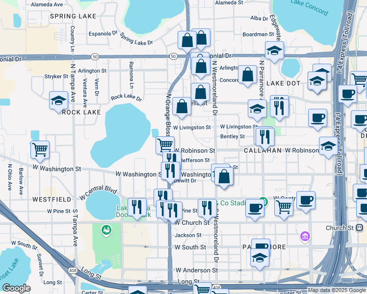 map of restaurants, bars, coffee shops, grocery stores, and more near 1203 West Robinson Street in Orlando