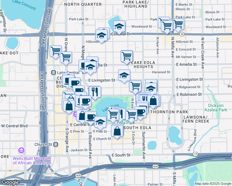 map of restaurants, bars, coffee shops, grocery stores, and more near 412 East Ridgewood Street in Orlando