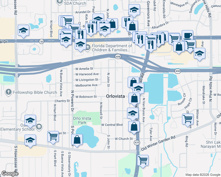 map of restaurants, bars, coffee shops, grocery stores, and more near 391 North John Street in Orlando