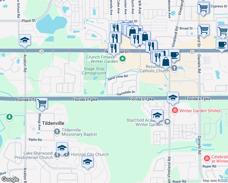 map of restaurants, bars, coffee shops, grocery stores, and more near 1317 Winter Green Way in Winter Garden