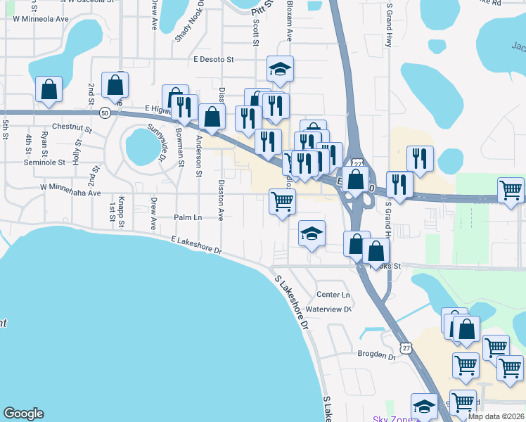 map of restaurants, bars, coffee shops, grocery stores, and more near Sunset Drive in Clermont