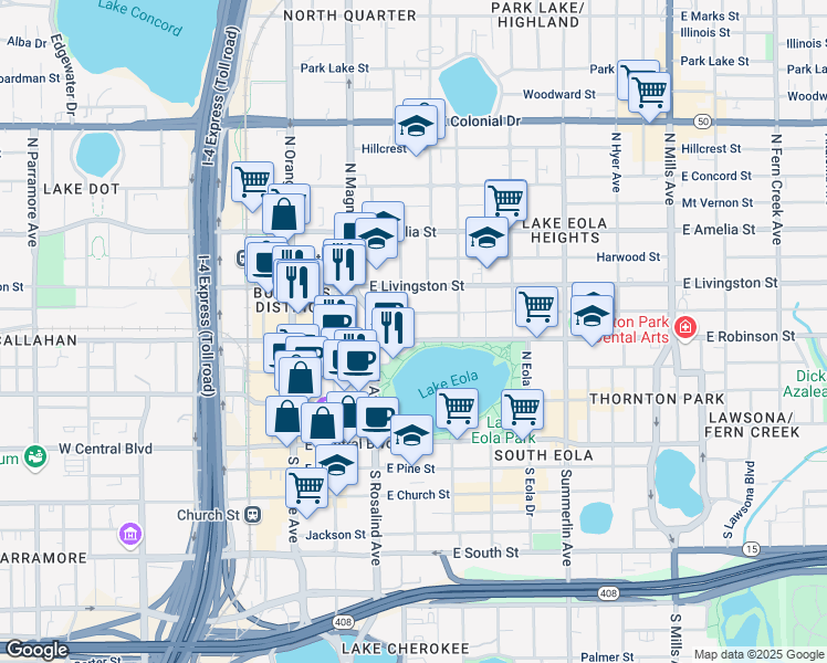 map of restaurants, bars, coffee shops, grocery stores, and more near 225 East Robinson Street in Orlando