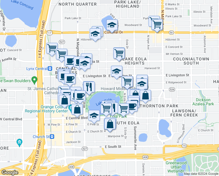 map of restaurants, bars, coffee shops, grocery stores, and more near 412 East Ridgewood Street in Orlando