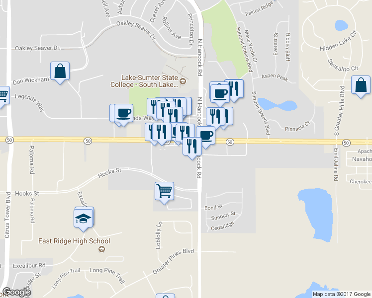 map of restaurants, bars, coffee shops, grocery stores, and more near 2585 East Highway 50 in Clermont
