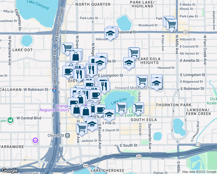 map of restaurants, bars, coffee shops, grocery stores, and more near 225 East Robinson Street in Orlando