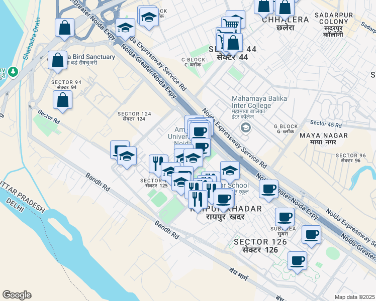 map of restaurants, bars, coffee shops, grocery stores, and more near in Noida