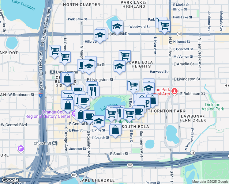 map of restaurants, bars, coffee shops, grocery stores, and more near 412 East Ridgewood Street in Orlando