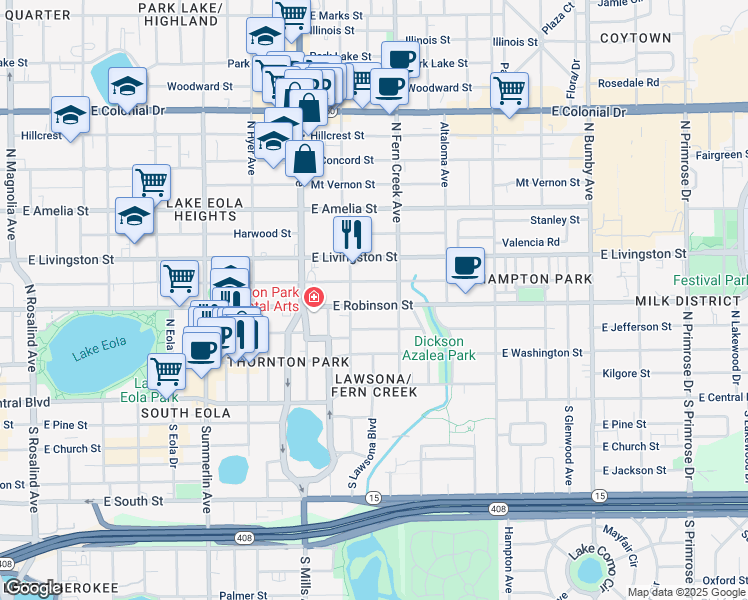 map of restaurants, bars, coffee shops, grocery stores, and more near 1418 East Ridgewood Street in Orlando
