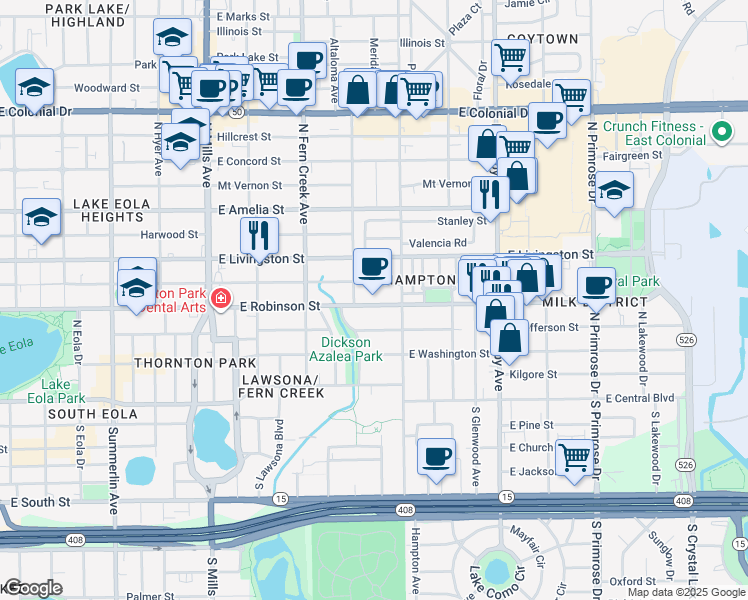 map of restaurants, bars, coffee shops, grocery stores, and more near 1901 East Robinson Street in Orlando