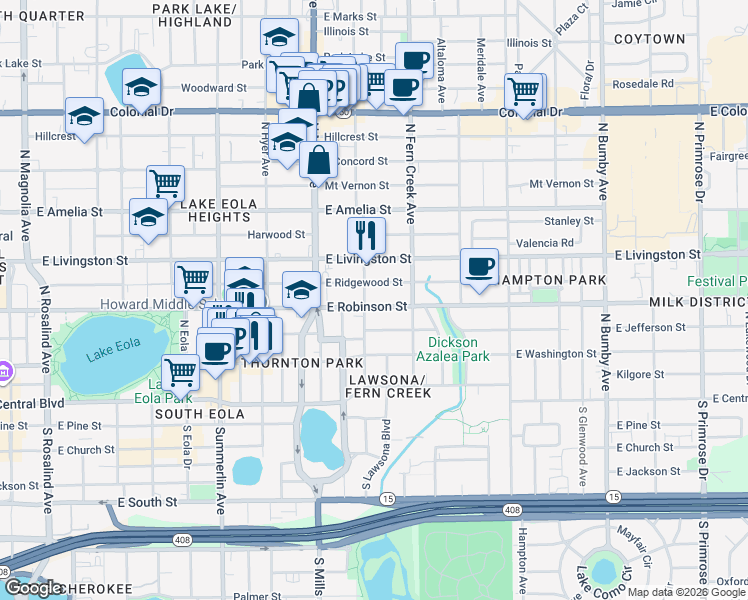 map of restaurants, bars, coffee shops, grocery stores, and more near 1418 East Ridgewood Street in Orlando