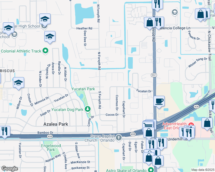 map of restaurants, bars, coffee shops, grocery stores, and more near 104 Flower Queen Court in Orlando