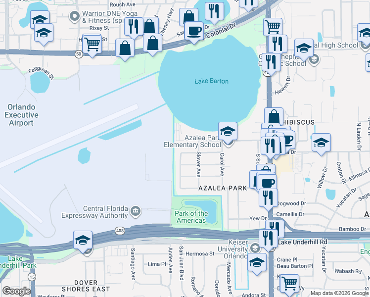 map of restaurants, bars, coffee shops, grocery stores, and more near 5248 Brosche Road in Orlando
