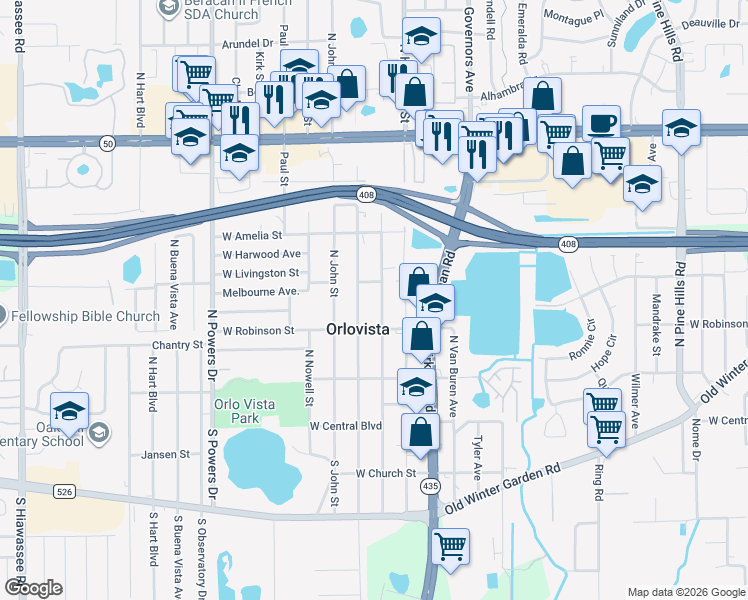 map of restaurants, bars, coffee shops, grocery stores, and more near 312 North Normandale Avenue in Orlando