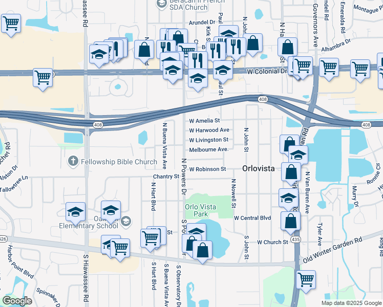 map of restaurants, bars, coffee shops, grocery stores, and more near 6209 Melbourne Avenue in Orlando