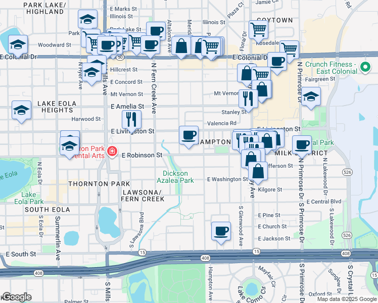 map of restaurants, bars, coffee shops, grocery stores, and more near 1901 East Robinson Street in Orlando